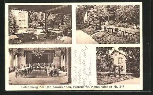 AK Felsenberg /Dahlenwarsleben, Gasthaus Felsenberg, Aussen- und Innenansicht, Blick von der Terasse