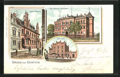 Lithographie Genthin, Kaiserliches Postamt, Kgl. Lehrer-Seminar, Bahnhof
