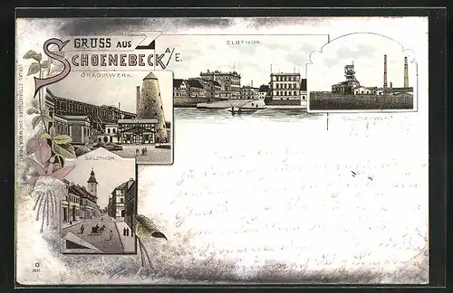 Vorläufer-Lithographie Schönebeck a. E., Gradierwerk, Elbtor, Salzschacht, Salztor, 1895
