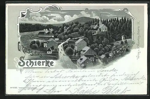 Mondschein-Lithographie Schierke, Die Dächer des Ortes leuchten im Mondlicht