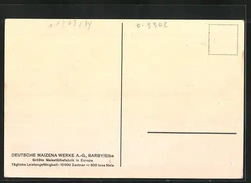 AK Barby /Elbe, Deutsche Maizena Werke A.-G., Grösste Maisstärkefabrik Europas, Tägliche 10.000 Zentner = 500 tons Mais