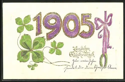 Präge-AK Neujahrsgruss, Jahreszahl 1905, Kleeblätter