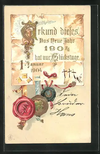 Präge-AK Neujahrsgruss, Jahreszahl 1904, Siegel mit Glücksbringern