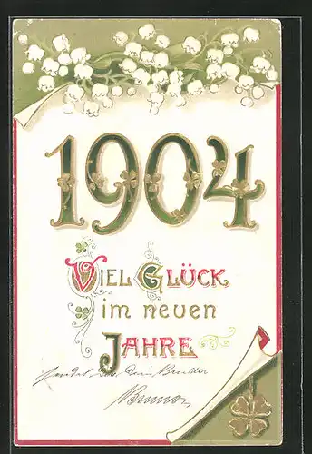 Präge-AK Neujahrsgruss, Jahreszahl 1904, güldenes Kleeblatt