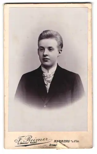 Fotografie F. Reimer, Harburg a. d. Elbe, Bremerstrasse 20, Portrait junger Herr im Anzug mit Krawatte