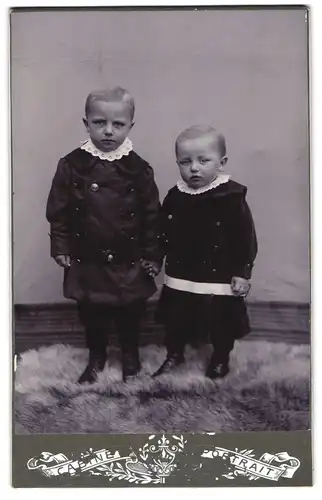 Fotografie unbekannter Fotograf und Ort, Portrait, Bruderpaar in Uniformmänteln gekleidet
