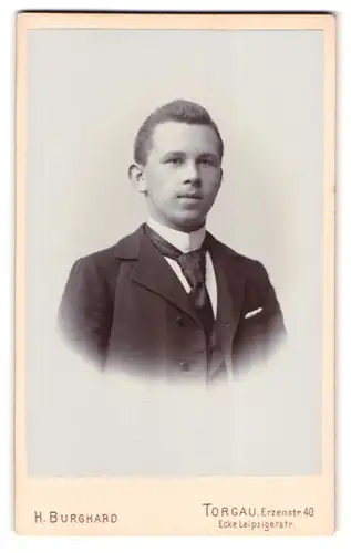 Fotografie H. Burghard, Torgau, Erzenstrasse 40 Ecke Leipzigerstrasse, Portrait junger Mann im Anzug mit Krawatte