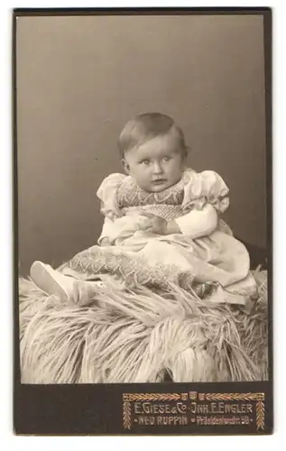 Fotografie E. Giese & Co, Neuruppin, Portrait süsses Kleinkind im Kleid sitzt auf Fell
