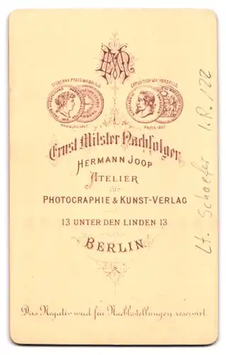 Fotografie Hermann Joop, Berlin, Unter den Linden 13, Lt. Schaefer der Central-Turn-Anstalt in Uniform I. R. 122