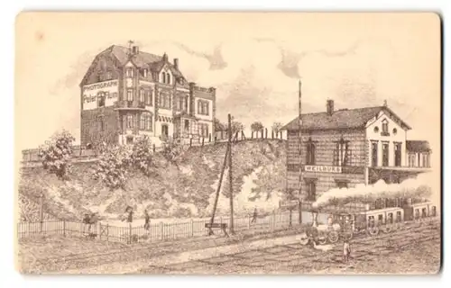 Fotografie Peter Flum, Weilburg a. d. L., Ansicht Weilburg a. d. L., Ateliersgebäude mit Bahnhof und Eisenbahn