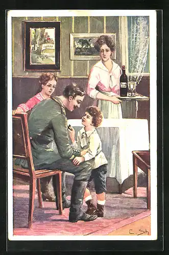AK Soldat auf Urlaub bei seiner Familie, 1. Weltkrieg