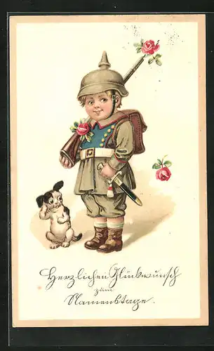 AK Kleiner Soldat mit Pickelhaube und Gewehr, Glückwunsch zum Namenstag, Kinder Kriegspropaganda