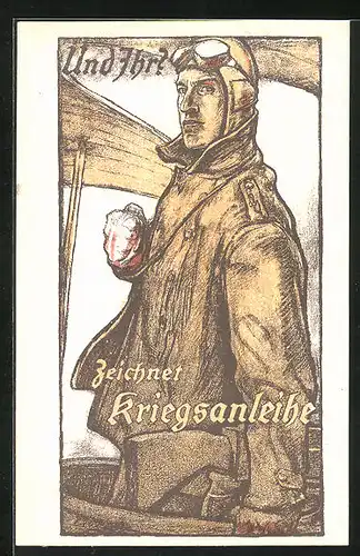 AK Und Ihr? Zeichnet Kriegsanleihe, Bordschütze mit verbundener Hand