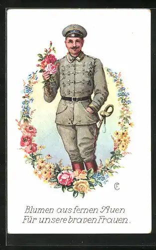 AK Blumen aus fernen Auen..., Soldat mit Blumen