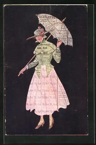 AK Frau in Bluse aus Lebensmittelkarten mit Schirm, Kriegsnot