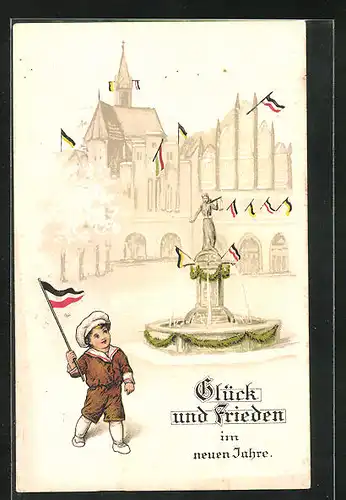 Künstler-AK Neujahrskarte, Kleines Kind mit Reichsflagge