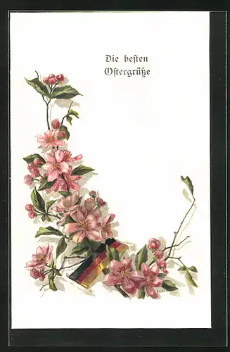 AK Rosa Blumen mit deutscher Flagge, Ostergrüsse