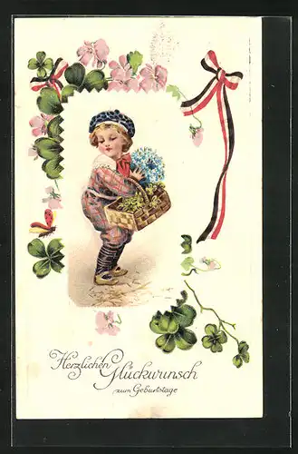 Präge-AK Kleines Kind mit Korb und Mütze, Geburtstagsgruss