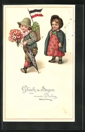 AK Zwei kleine Kinder mit Blumen und Reichsflagge, Neujahrskarte