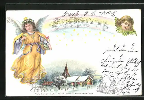 Lithographie Weihnachtsengel, Kirchen in der Heiligen Nacht