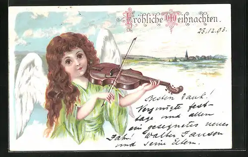 Lithographie Weihnachtsengel spielt auf der Geige