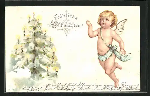Lithographie Weihnachtsengel am Christbaum