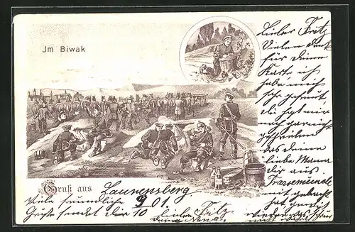 Lithographie Im Biwak, Leben eines Soldaten im Krieg