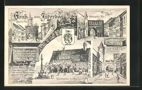 AK Jüterbog, Abbildung Damm-Tor, Zinnaer Tor, Marktplatz mit Rathaus