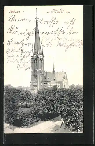 AK Bautzen, Albert-Platz mit Maria Martha-Kirche