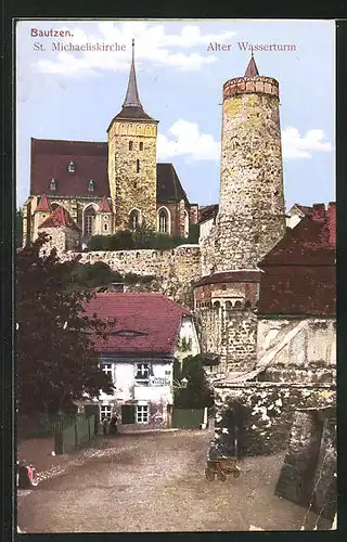 AK Bautzen, St. Michaeliskirche und alter Wasserturm