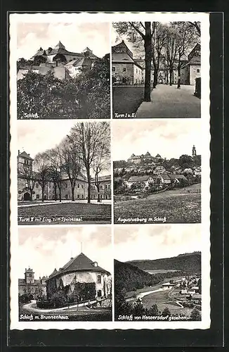 AK Augustusburg i. Erzgeb., Ortspartie mit Schloss, Schloss mit Brunenhaus, Turm 1 und 2