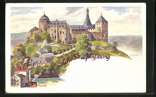 Lithographie Mylau i /Vgt., Blick zum Schloss
