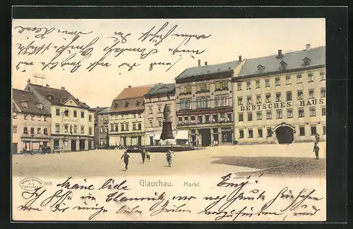 AK Glauchau, Markt mit Apotheke, Geschäften und Denkmal