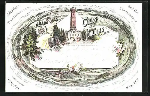 Lithographie Annaberg, Aussichtsturm a. d. Pöhlberg, Rundpanorama mit Grumbach, Königswalde und Spitzberg