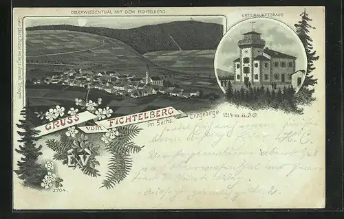 Lithographie Oberwiesenthal, Ortspartie mit Blick auf den Fichtelberg