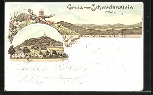 Lithographie Pulsnitz, Blick auf Schwedenstein und das Lausitzer Gebirge