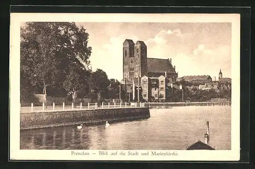 AK Prenzlau, Blick auf die Stadt und Marienkirche