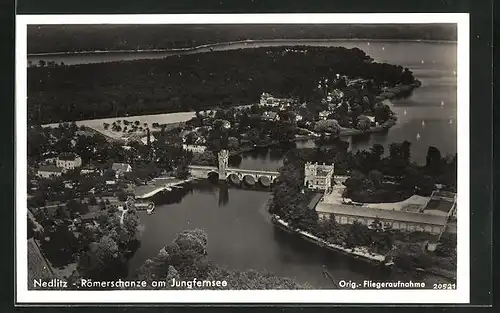 AK Nedlitz, Fliegeraufnahme der Römerschanze am Jungfernsee