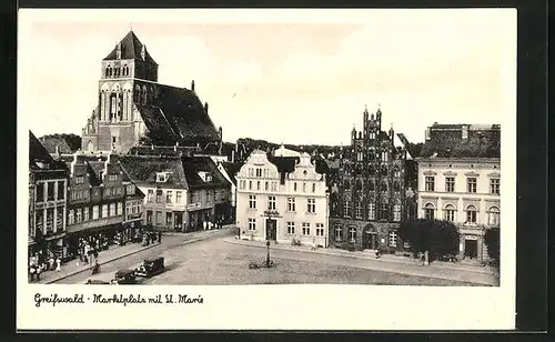 AK Greifswald, Marktplatz mit Kirche St. Marie
