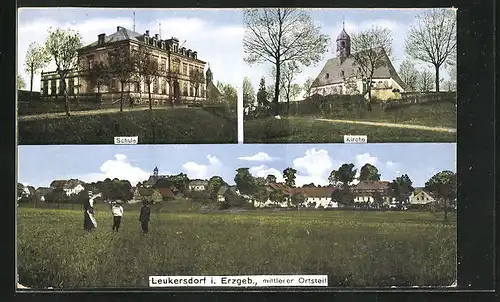AK Leukersdorf /Erzgeb., Ortspartie mit Schule, Kirche, Panorama