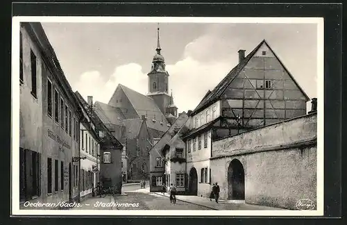 AK Oederan, Strassenpartie mit Kirche und Wäscherei