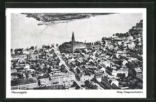 AK Neuruppin, Ortsansicht vom Flugzeug aus mit Flusspartie