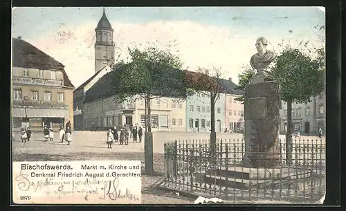 AK Bischofswerda, Ortspartie mit Markt, Kirche, Denkmal