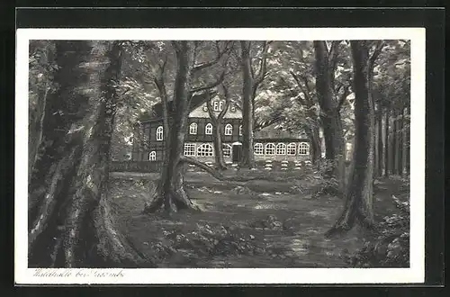 Künstler-AK Sassnitz, Gasthaus Waldhalle zwischen Bäumen