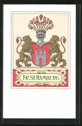 Künstler-AK Hamburg, Stadtwappen, Löwen