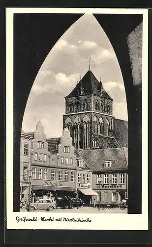 AK Greifswald, Markt mit Nicolaikirche, Gasthaus am Markt