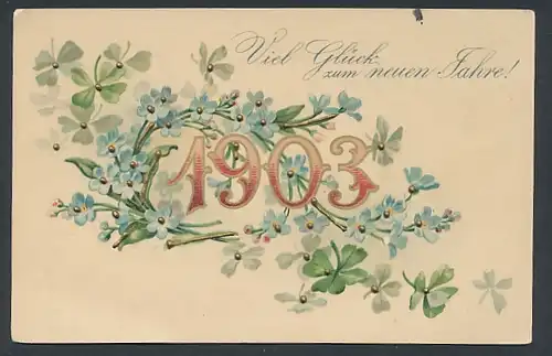 Lithographie Neujahrsgruss, Jahreszahl 1903, mit aufgeklebten Perlen