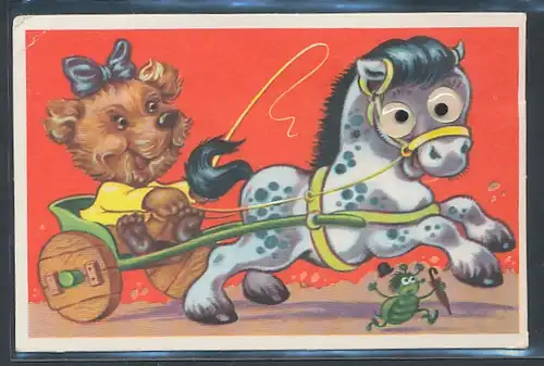 Glasaugen-AK Hundedame im Einspänner, Pferd mit Wackelaugen