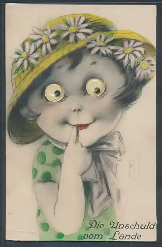 Glasaugen-AK Die Unschuld vom Lande, Mädchen mit Wackelaugen
