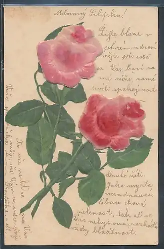 Stoff-Präge-AK Blühende Rosen